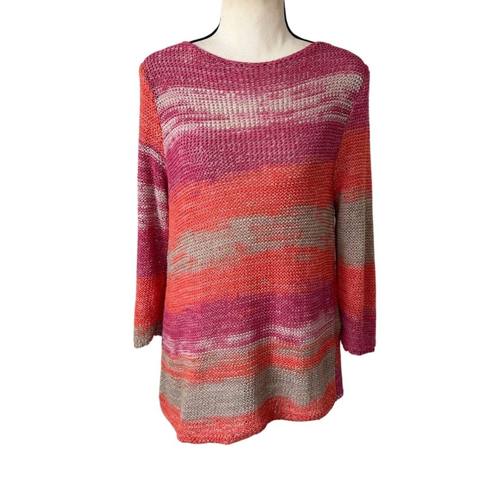 Chico's Striped Crochet Knit Sweater Asymmetrical Hem 3/4 Sleeve Colorful Office
